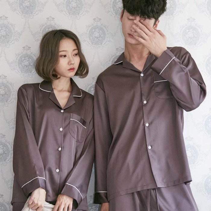 FINDSENSE品牌 韓國 潮  原創 真絲 長袖 男女 情侶裝 舒適 睡衣 套裝 絲綢居傢服