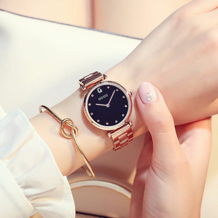 【手錶女】香港古歐手錶女時尚潮流防水休閒超薄水鉆玫瑰金石英錶女士手錶