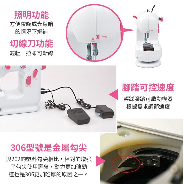 【傻瓜批發】【306縫紉機】(202A)升級版電動縫紉機-帶照明燈(不含擴展台) 台式家用縫紉機 迷你裁縫機