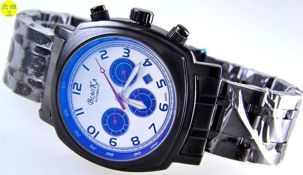 (六四三精品)座墊型錶殼.超大錶徑4.3公分.炫藍玻璃.黑色烤漆.三眼六針自動上鍊機械錶....!