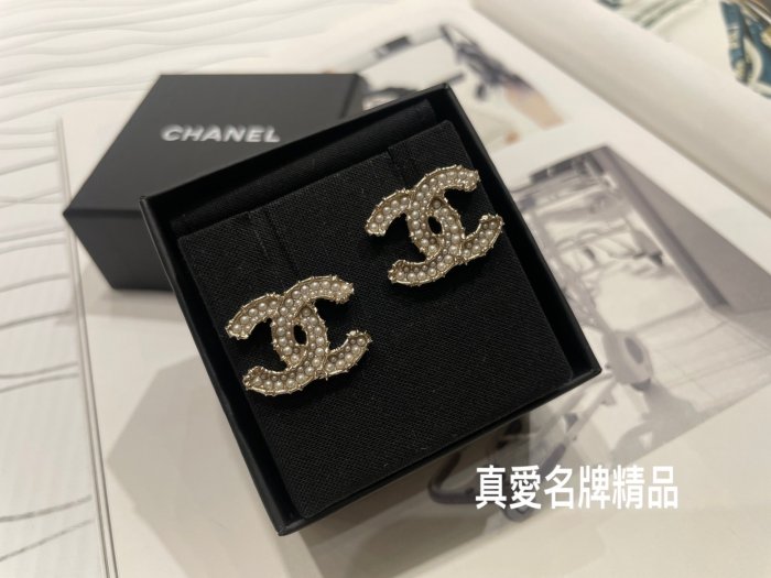 《真愛名牌精品》CHANEL AB3265  經典雙C 雙排珍珠  耳針式 耳環 *全新品*代購