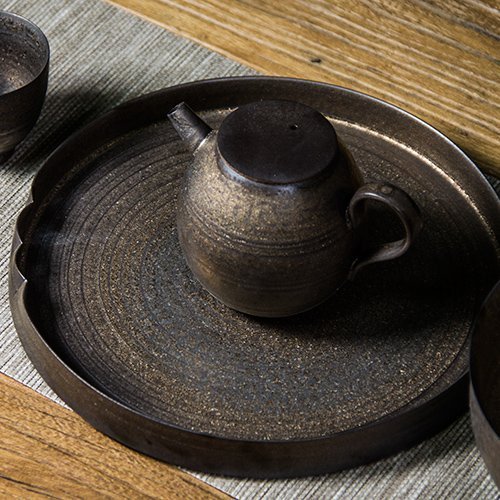手工粗陶干泡盤日式陶瓷茶盤復古鎏金釉茶點盤功夫茶具壺承壺托盤-特價