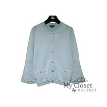 My Closet 二手名牌 Chanel 2018 藍灰色麻花編織 雙C釦 八分小寬袖 100%Cashmere 外套