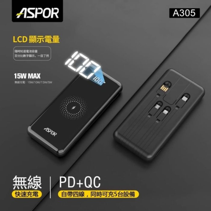 【ASPOR 13000mAh 數位顯示行動電源】A305 QC+PD快充 22.5w快速充電 充電寶 行動充 移動電源