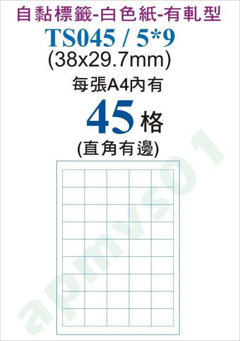 好印-電腦標籤自黏標籤白色紙每包100張A4=45格有邊TS045/5*9-3.8x2.97公分自粘標籤貼紙標示地址條碼