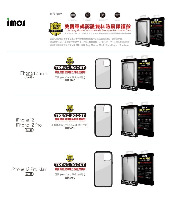 【imos授權代理】imosCase iPhone 12 Pro Max 耐衝擊軍規保護殼美國軍規認證