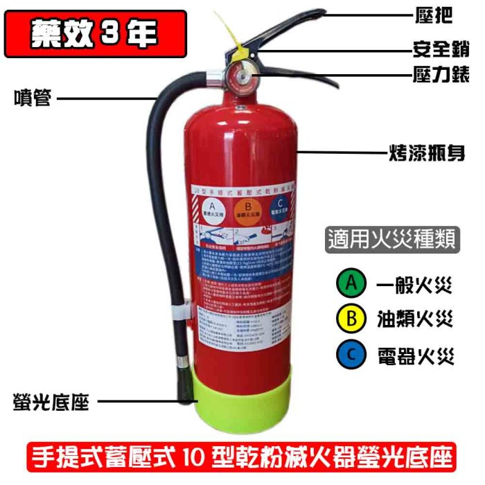 消防器材批發門市  10p乾粉滅火器(螢光色底座款)10型ABC款滅火器.附貼紙.掛鉤.特價促銷 消防署認證