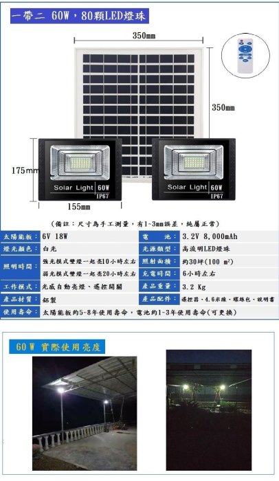 【免運費】工廠直營價格 太陽能燈 60W(80顆LED燈珠) 一對二燈 IP67防水 太陽能LED燈 戶外探照燈