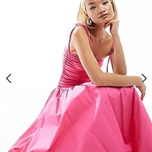 (嫻嫻屋) 英國ASOS-Amy Lynn粉紅色平口領蝴蝶結肩帶口袋中長圓裙洋裝禮服AB24