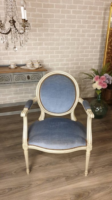 【卡卡頌  歐洲古董】法國老件 刷白 水藍  路易十六  古董椅 洛可可 主人椅 仕女椅  ch0421 ✬