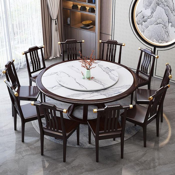 餐桌新中式巖板圓桌家用餐桌椅組合10人圓桌大理石1.8吃飯圓餐桌子