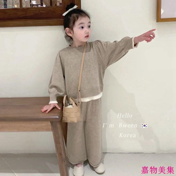 韓國童裝 兒童秋冬新款韓版針織上衣+寬褲毛衣兩件套新款女童撞色套裝潮大童