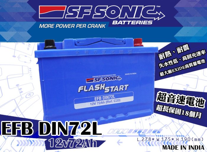 全動力-SF SONIC EFB DIN72 (12V72Ah)進口電池  SKODA 奧迪 福特適用 藍盾 藍霸
