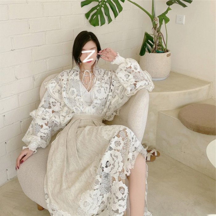 [ ohya梨花 ] =韓國帶回=最新春夏新款性感名媛簡約設計款穿款白色蕾絲罩衫+半裙造型兩件式套裝