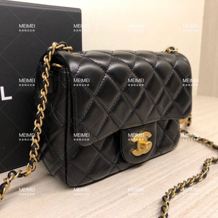 30年老店 預購 CHANEL Mini coco 17 方胖子 金球 口蓋包  黑 金鍊 AS1786