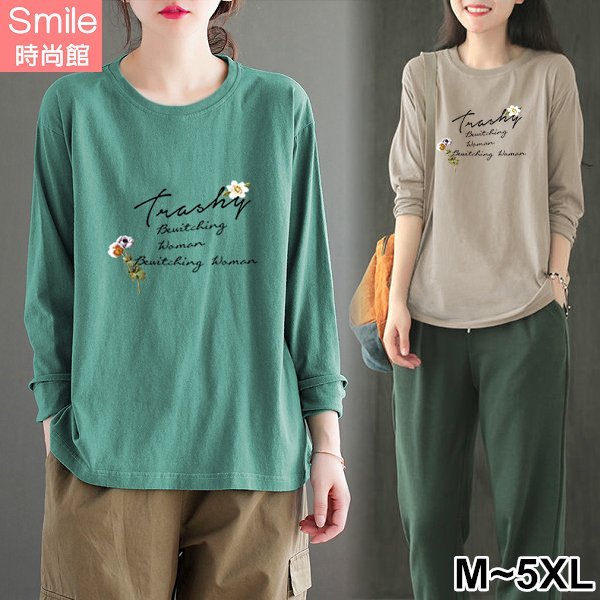 【V3451】SMILE-復古文藝．圓領字母花朵印花長袖上衣