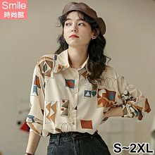 【V3285】SMILE-港味復古‧印花翻領寬鬆長袖襯衫