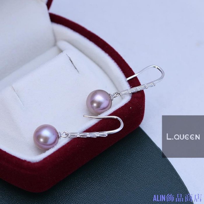 ALIN飾品商店淡水珍珠完美圈強光細瑕紫珍珠s925簡約女耳釘耳釘