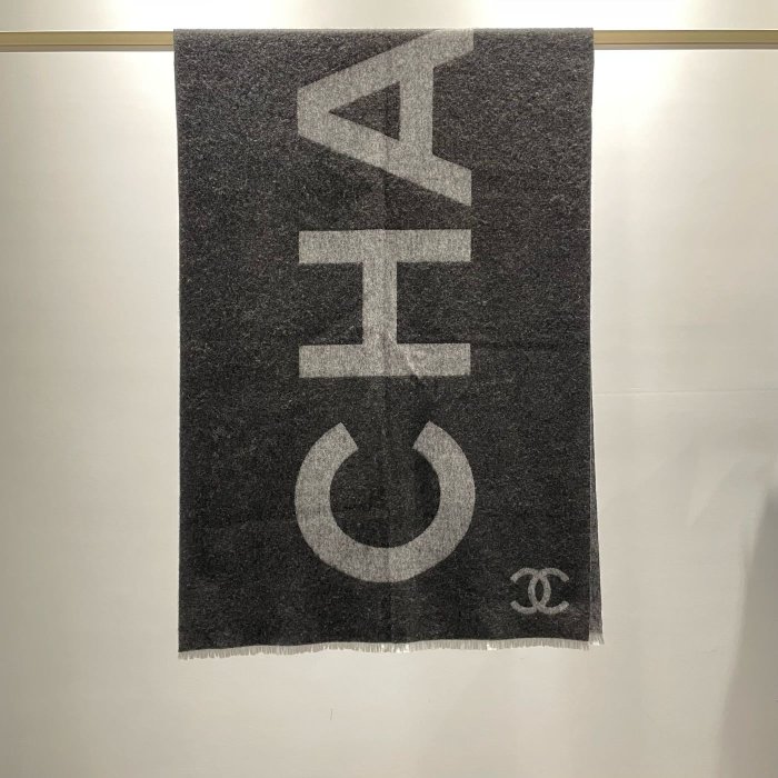 【翰貝格名牌館】全新真品 CHANEL 雙C 字母 雙面 黑灰 cachemire 羊絨 披肩 圍巾 AA7199