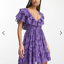 (嫻嫻屋) 英國ASOS-紫色花卉緹花紋雙層荷葉摺邊V領V背露美背洋裝禮服EE23