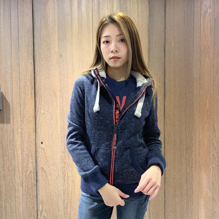 美國百分百【全新真品】Superdry 極度乾燥 修身 連帽 針織 外套 登山 logo 刷厚毛 藍灰色 女 AM97