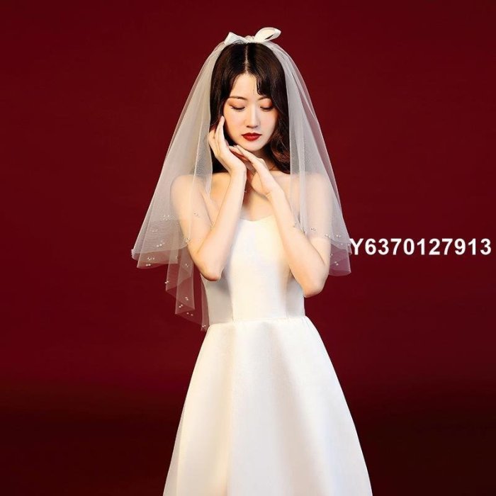 【熱賣精選】新娘韓式蝴蝶結頭紗珍珠頭紗新娘新娘配飾結婚配飾新款頭紗