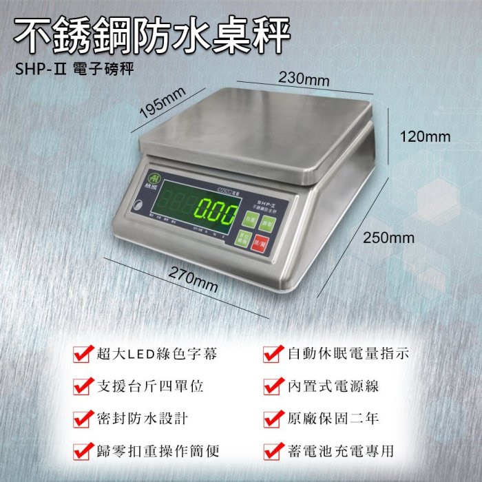 SHP-Ⅱ 不銹鋼防水計重桌秤IP-67電子秤 磅秤 防水防潮防塵 綠色LED 延長2年保固