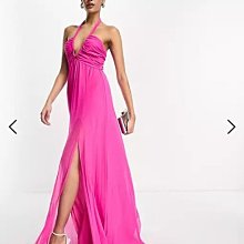 (嫻嫻屋) 英國ASOS-優雅時尚名媛粉紅色比基尼繞頸綁帶長裙洋裝禮服 EE23