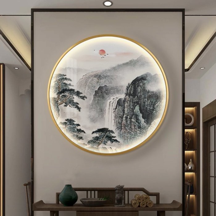 現貨：大氣山水玄關帶燈畫迎客松客廳裝飾畫新中式入戶晶瓷畫中國風掛畫