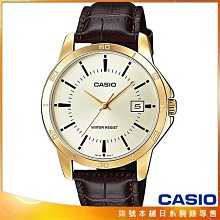 【柒號本舖】CASIO 卡西歐金色風尚皮帶日誌男錶-金 # MTP-V004GL-9A (台灣公司貨)