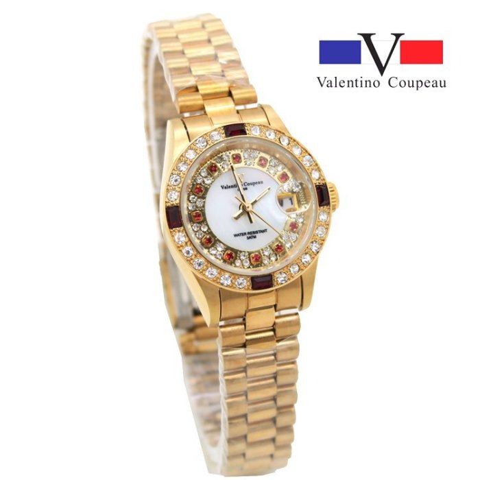 《時光流域》Valentino Coupeau 范倫鐵諾 金色品味晶鑽時尚男錶/女錶 (貝殼面) 訂婚/日期