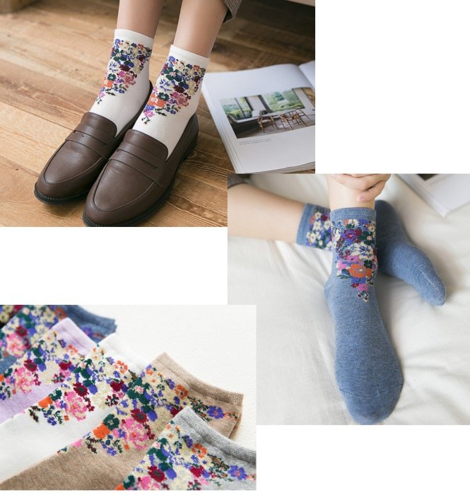 AJKE【G263】 秋冬新品襪  宮廷時尚花朵女中筒襪  舒適純棉花朵中筒襪
