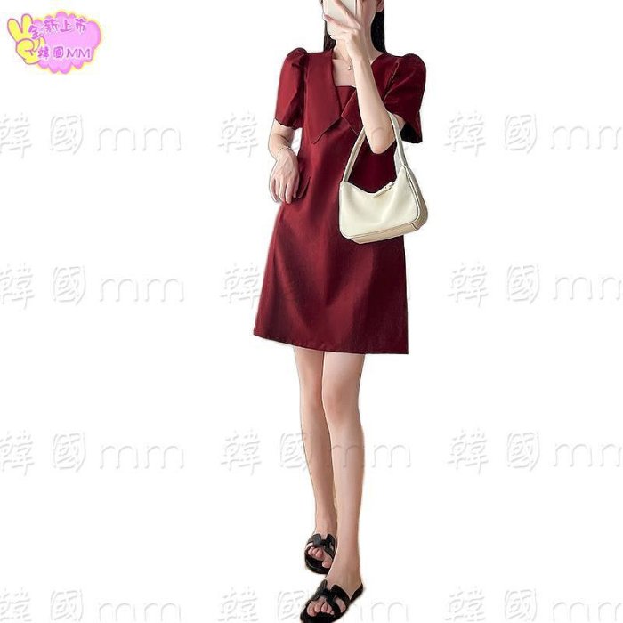 韓國MM =法式洋氣酒紅色娃娃裙女 夏季新款簡約設計感寬松顯瘦連衣裙