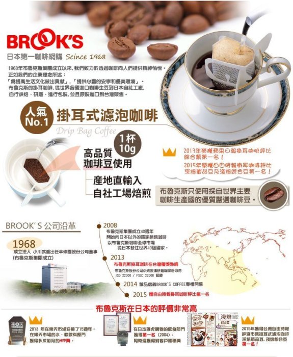 【日本BROOK'S掛耳式濾泡黑咖啡】歐洲經典濾泡式黑咖啡超值箱(125入/10g)每包13元@滿千另送7包