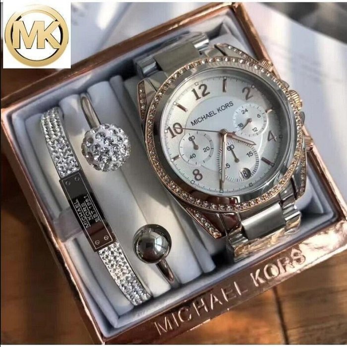 直購#實拍 Michael Kors MK手錶手環三件套裝女士手錶時尚三眼復古鑲鑽女錶MK5459 附送調表器