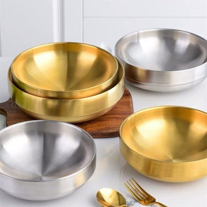 超大韓系家用不鏽鋼碗金色雙層碗拉麵碗湯碗商用創意碗韓國冷麵碗-慧友芊家居