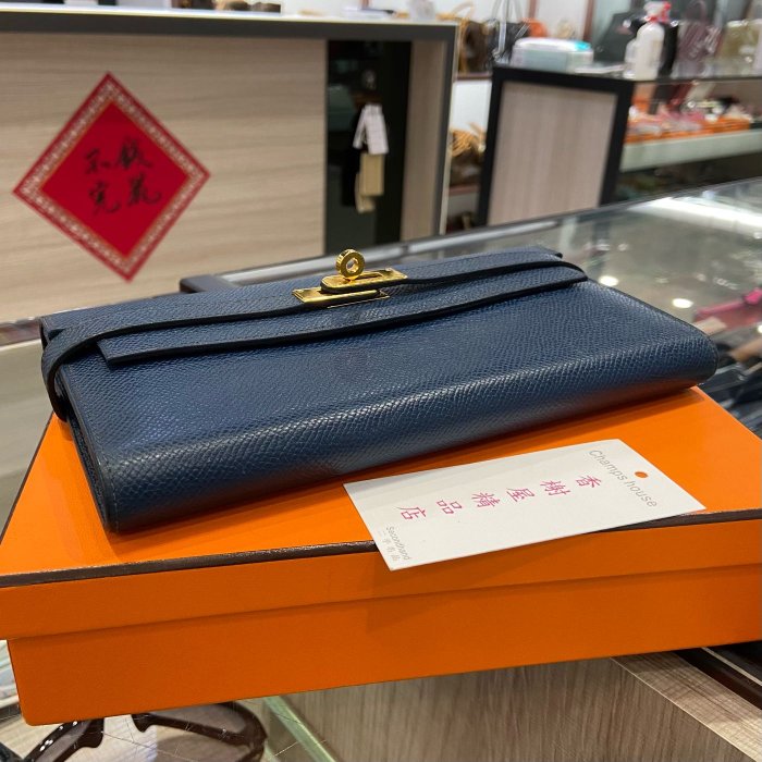 ⭐️香榭屋精品店⭐️ HERMES R刻 愛馬仕 深藍色全皮金釦凱莉長夾 皮夾 Kelly (XB9136)