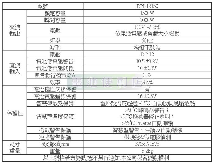 [電池便利店]變電家 1500W  DPI-12150 12V轉110V 電源轉換器 可訂製 24V 220V 機型