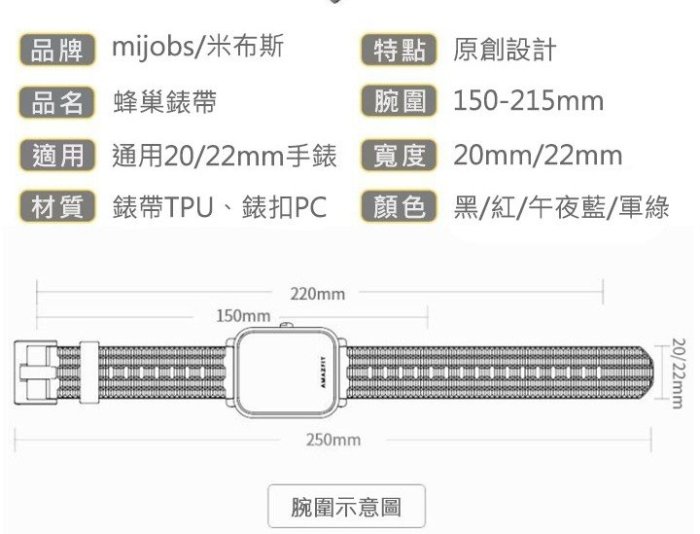 mijobs 通用蜂巢錶帶 蜂巢錶帶 (20mm)  矽膠材質   錶帶 防水 蜂巢錶帶 矽膠錶帶錶帶 防水 蜂巢錶帶