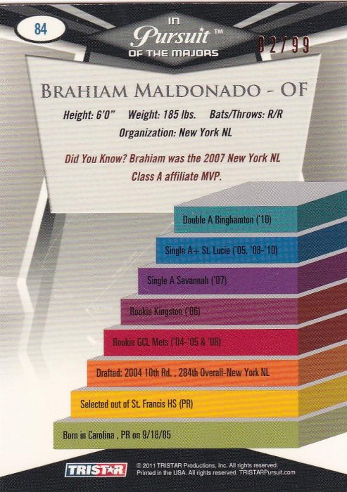 2014年爆米花夏季聯盟崇越隼鷹馬多納度~Brahiam Maldonado 2011年美國職棒大聯盟親筆簽名限量99張球卡，加簽背號