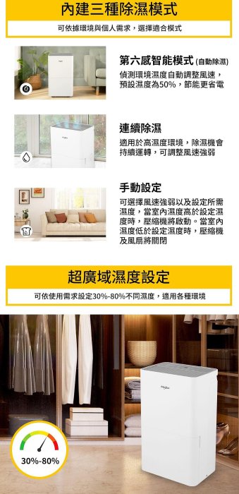 @惠增電器@惠而浦Whirlpool一級省電強效除濕極致乾爽大容量15公升第六感智能除濕機WDEE15TW《可退稅》