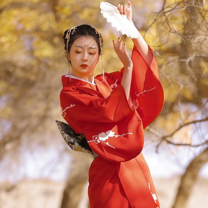 熱銷 日式服飾 桔子點點紅臘梅日本和服女日式改良日系傳統京都少女年會連衣裙