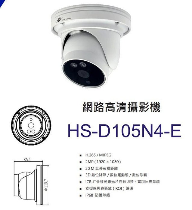 《平價屋3C》 昇銳 HS-D105N4-E 3.6m 200萬 半球 紅外線  攝影機 POE 網路攝影機