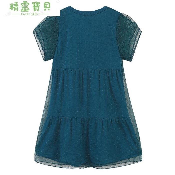 年歐美風 女童紗裙 新品 兒童蕾絲洋裝 刺繡童裙  38歲 綠色 短袖裙-精靈寶貝
