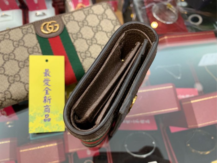 ☆最愛二手精品☆ GUCCI Ophidia PVC 全新綠紅綠金釦釦子三折拉鍊零錢袋短夾皮夾 523174