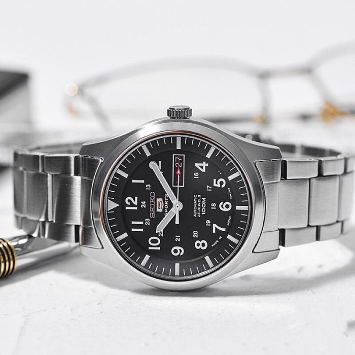 【現貨秒發】SEIKO精工5號手錶男休閒帆布帶光明戰將自動機械錶雙日曆SNZG13J1