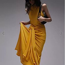 (嫻嫻屋) 英國ASOS-Topshop黃色羅紋削肩領無袖綁帶長裙洋裝EF23