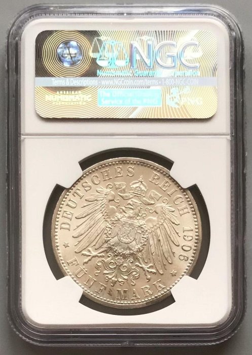 NGC  MS66 德國巴登金婚紀念5馬克銀幣1906