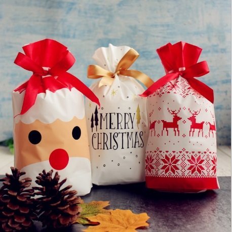鴨鴨小舖【H30】聖誕圖案抽繩包裝袋 10入 抽繩袋 禮物袋 餅乾袋 糖果袋 聖誕節 交換禮物 包裝袋