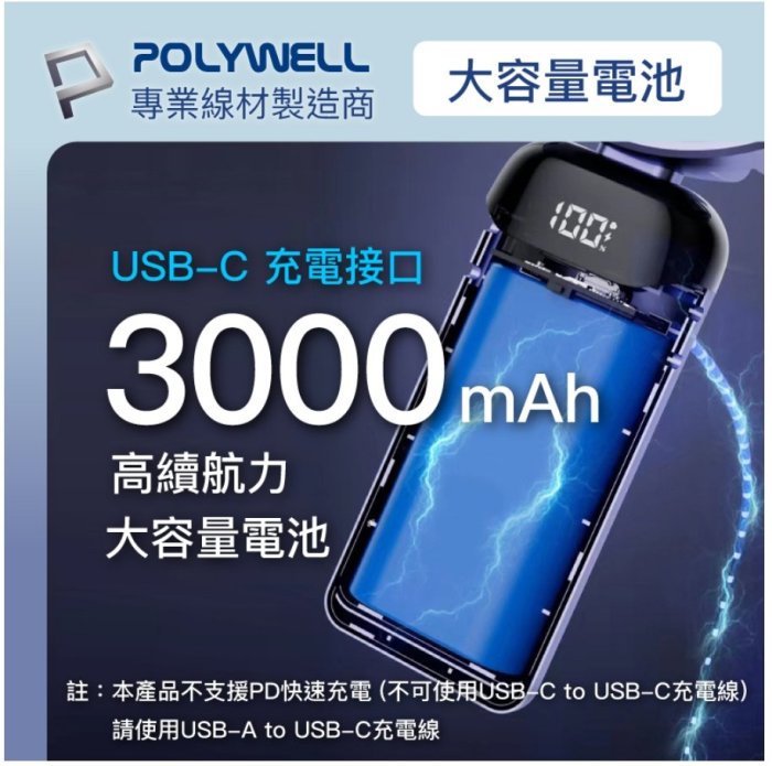 POLYWELL 迷你手持式充電風扇 LED電源顯示 5段風速 可90度轉向 寶利威爾 台灣現貨